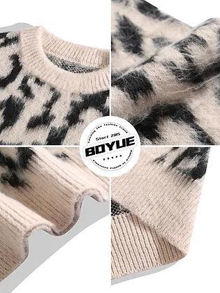 White Leopard Pattern Knit Sweater - Plugzau