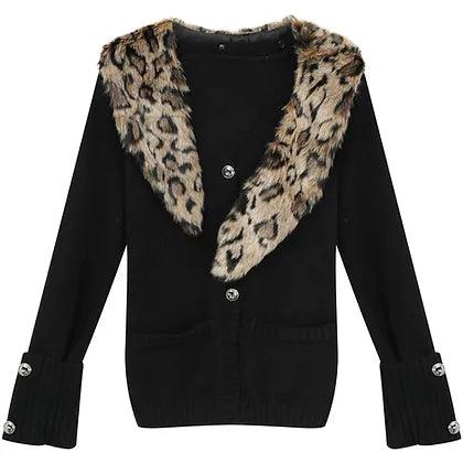 Leopard Print Fur Collar Cardigan - Plugzau