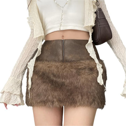 Brown Leather Fur Vintage Skirt