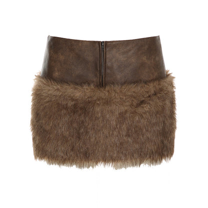 Brown Leather Fur Vintage Skirt