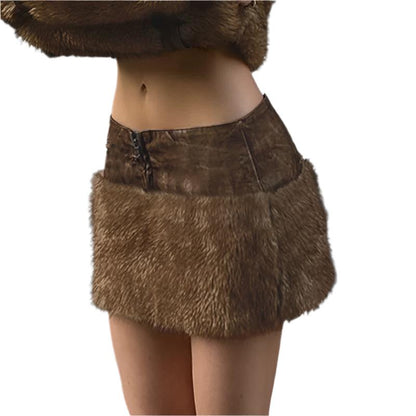 Brown Leather Fur Vintage Skirt