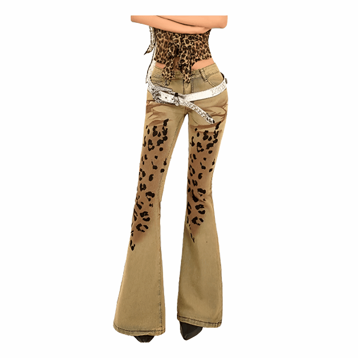 Women's Retro Leopard Print Jeans - Plugzau